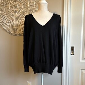 Reitmans Black V-Neck Sweater with Embroidered Flowers on Arms